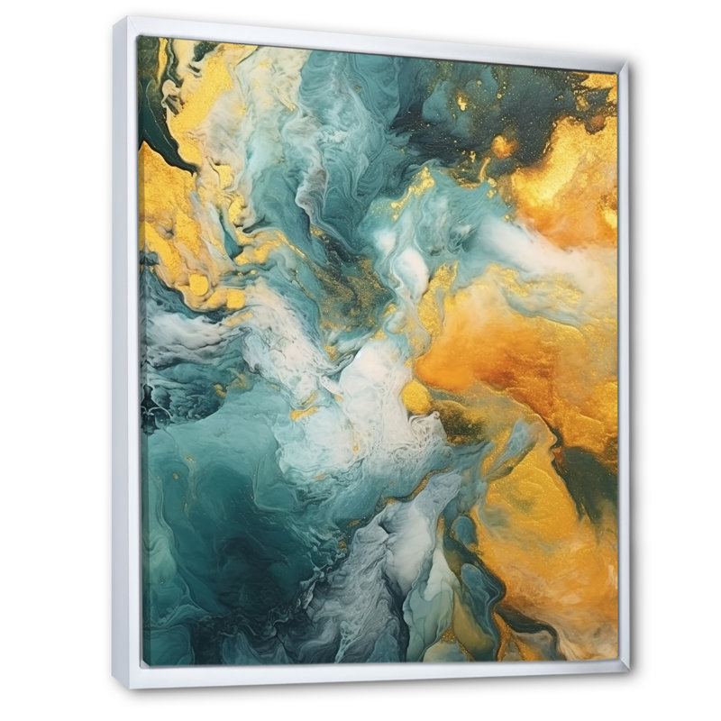Vagues d'or océaniques abstraites I - peinture abstraite murale, salon, H 40 po x l 30 po x P 1,5 po, Cadre flottant blanc