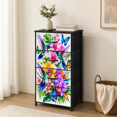 Commode 4 tiroirs pour chambre à coucher, petits oiseaux, colibris, papillons, fleurs, orchidées tropicales, petite grande commode à vêtements pour organisateurs de placard avec commode