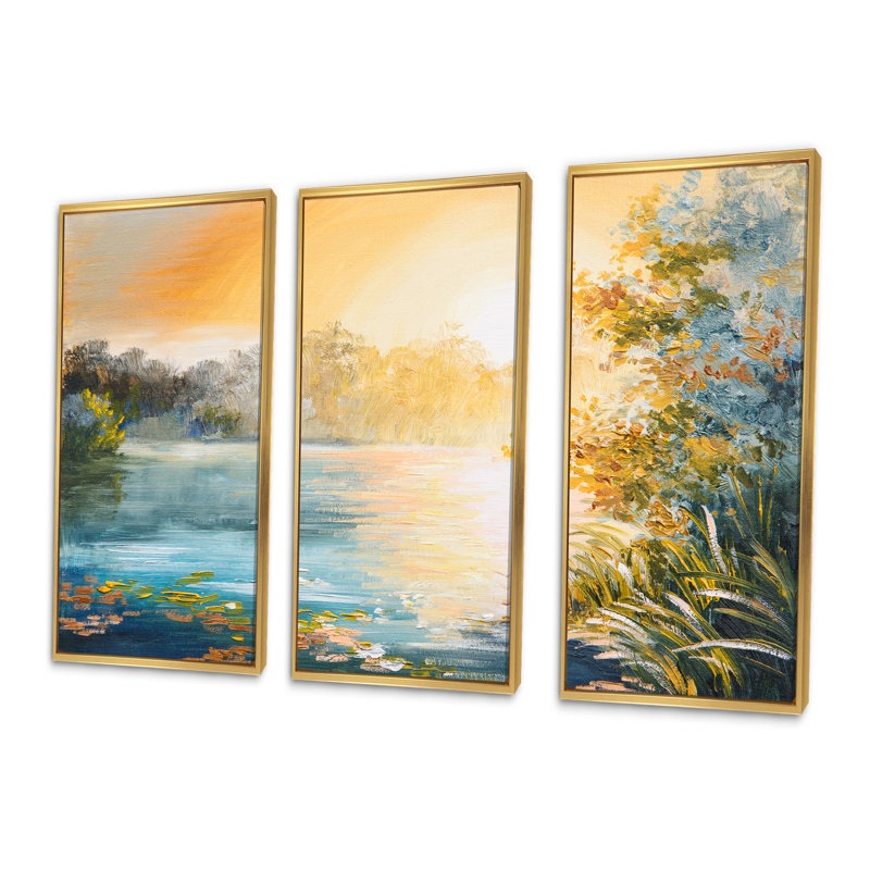 Coucher de soleil sur le lac - ensemble de 3 toiles encadrées, H 20 po x l 36 po, Or