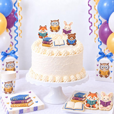 Ensemble de 6 gâteaux de fête de naissance, pile de livres, renard de lecture, hibou, lapin, ours (ensemble de 6)