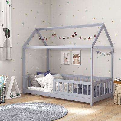 HOMCOM Toddler Bed Single Bed Frame House-Shaped for Boys and Girls Grey