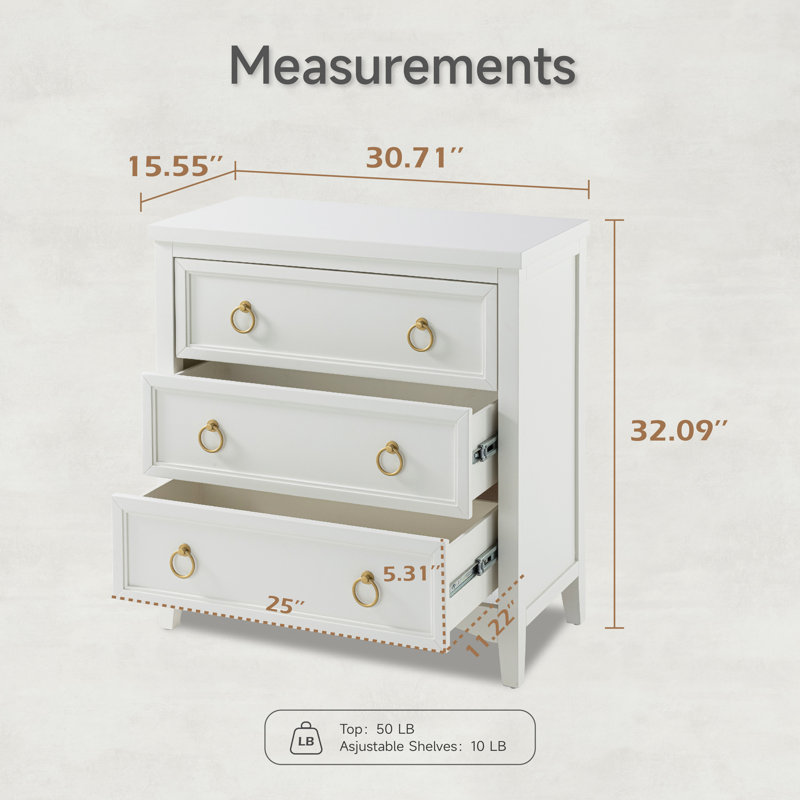 Farmhouse White 3-Drawer Dresser Chest Nightstand