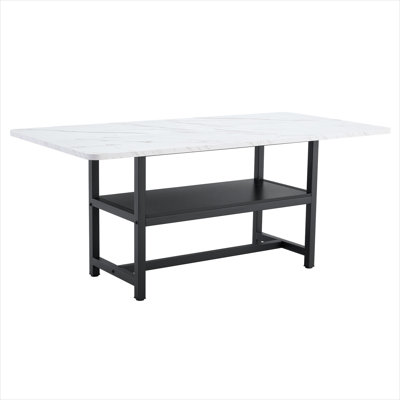 White MDF and Black-Toned Metal 71-Inch Rectangular Dining Table, Seats 4-8, with Lower Storage Platform, Modern Minimalist Style
