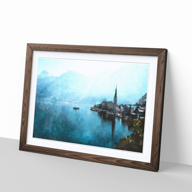 Boat in Hallstatt Austria Painting 1 Piece Single Picture Frame Wall Art on MDF, 24cm H x 33cm W x 2cm D, Walnut