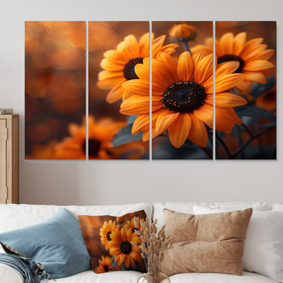 Ensemble de salon jaune et noir avec champ de tournesols en automne II - tournesols