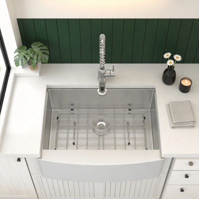 Évier de cuisine à cuve de style ferme, en acier inoxydable brossé, calibre 16 T304, avec accessoires. Dimensions : 27 po L x 21 po l.