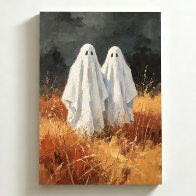 Tableau d'Halloween sur toile 61 x 91 cm. Deux silhouettes fantomatiques se tiennent dans un champ d'herbe dorée. Impression sur toile, peinture à l'huile. Décoration murale moderne pour chambre, salon et bureau.