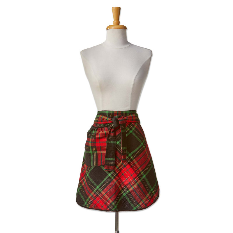 Christmas Plaid Hostess Half Apron - Red Multi Cotton Kitchen Apron, Machine Washable
