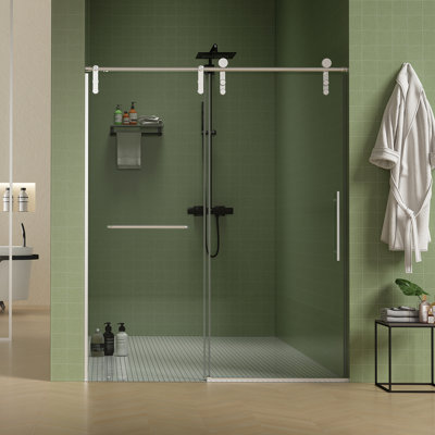 Porte de douche coulissante sans cadre l 56 à 60 po x H 70 po avec cabine de douche en verre trempé épais de 5/16 po (8 mm) de qualité supérieure avec barre à serviettes, revêtement facile à nettoyer des deux côtés, finition texturée en nickel brossé de qualité supérieure, conception rembourrée