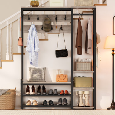 Hall Tree with Bench and Shoe Storage, Shoe Rack with Coat Rack | Entryway Bench with Coat Rack, Coat with Hooks and Hanging Rail, Coat and Shoe Rack Entryway, Reversible Design