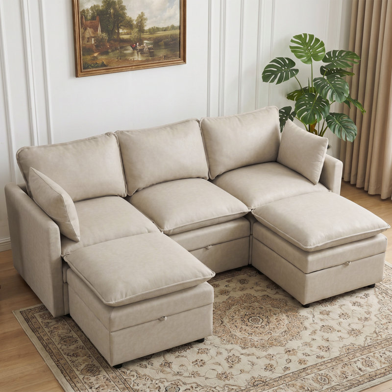 U-Shaped Modular Sectional Sofa with Storage, H 34,3 po x l 80,3 po x P 55,5 po, Pu-beige