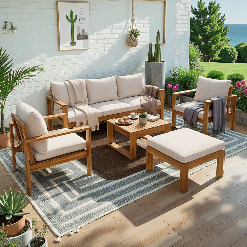 Ensemble de patio modulaire d'extérieur en bois d'acacia de 5 pièces Timberlane, ensemble de conversation avec canapé, fauteuil, table basse et 2 repose-pieds, coussins hydrofuges, conception transitionnelle pour terrasse