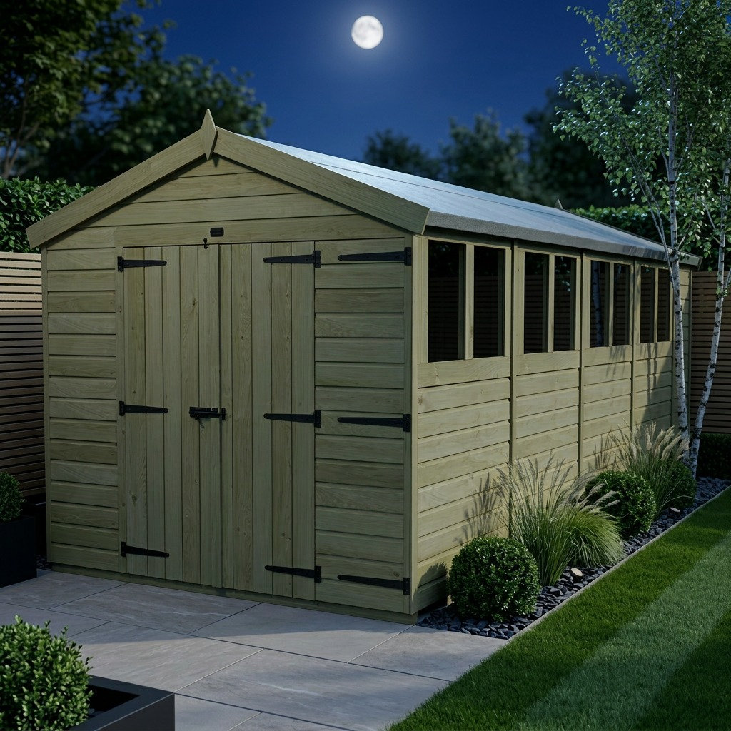 Total Sheds 8ft x 19ft Apex Garden Shed - Double Door - With Windows - Pressure Treated Timber - UK Manufactured