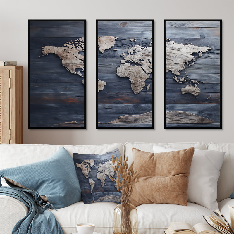 Rustic Route World Map I - Ensemble de décoration murale carte du monde, H 28 po x l 36 po x P 1 po, Cadre flottant noir