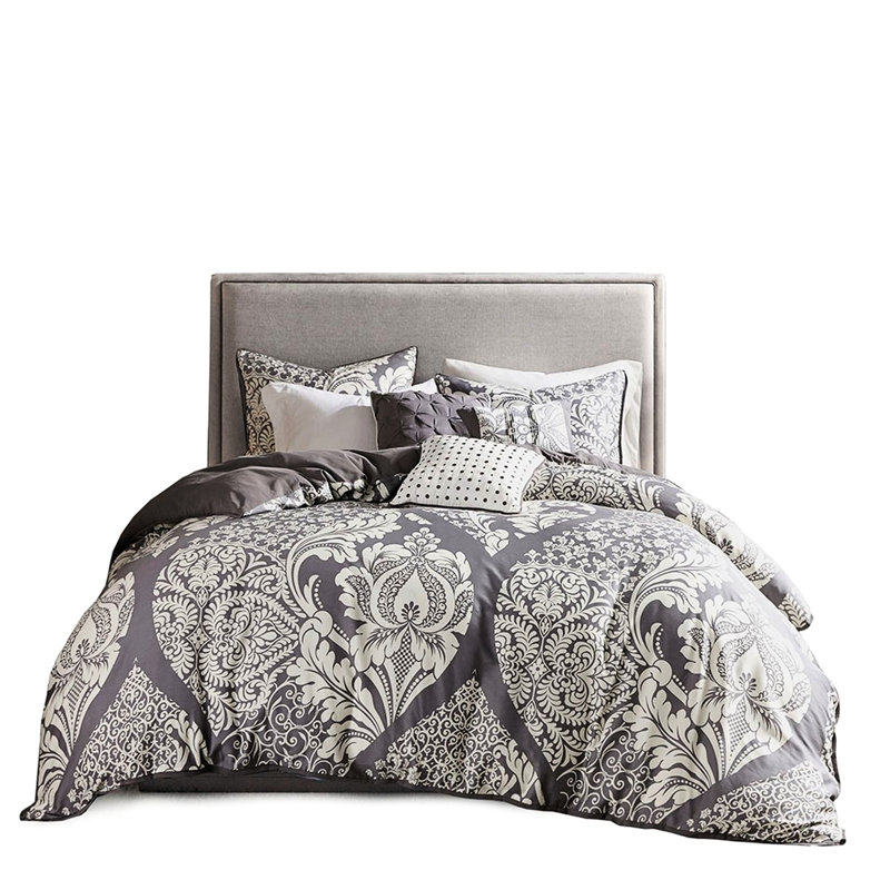 Transitional Cotton Duvet Cover With Solid Back And Button Closure 6 Piece Printed Intricate Details