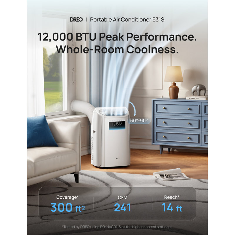 DREO 12,000 Btu Smart Portable Ac Unit With Drainage-free Cooling, 46 Db, Quiet 150 Sq. Ft. With Fan And Dehumidifier In White