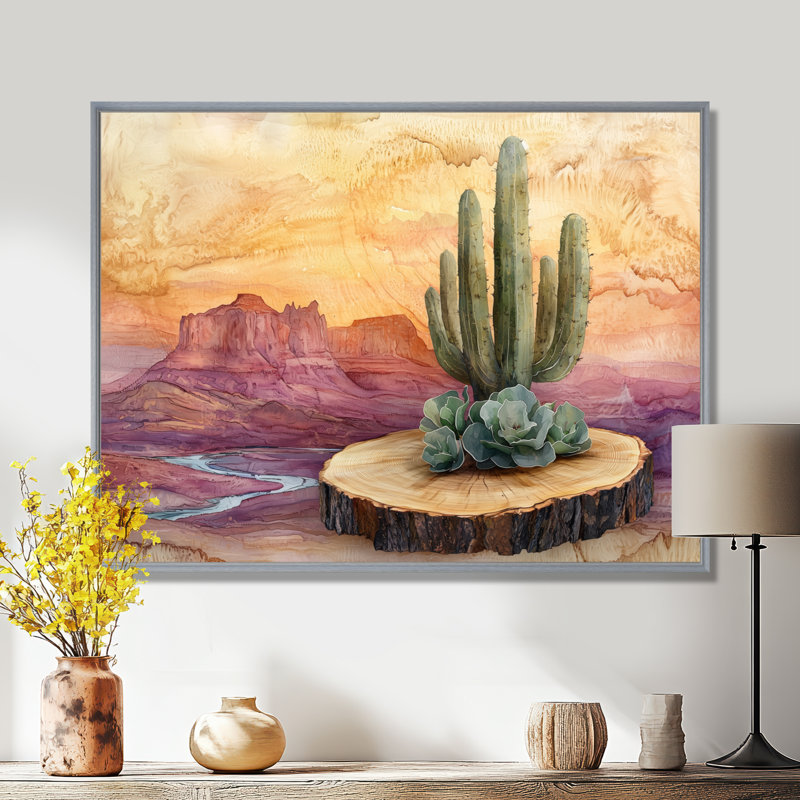 Cactus du désert sur un plateau en bois I - Cactus Wall Art, H 34 po x l 44 po, Cadre flottant, Argent argent