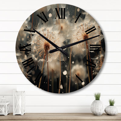 White Teal Dandelion Symphony I - Floral Oversized Wood Wall Clock