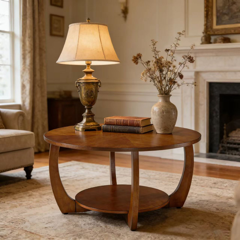Table basse ronde en placage de cerisier