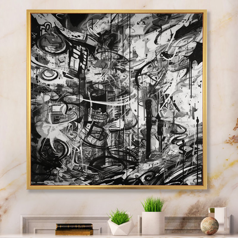 Graffiti noir et blanc cosmique II - art mural abstrait géométrique, H 16 po x l 16 po x P 1 po, Cadre flottant doré