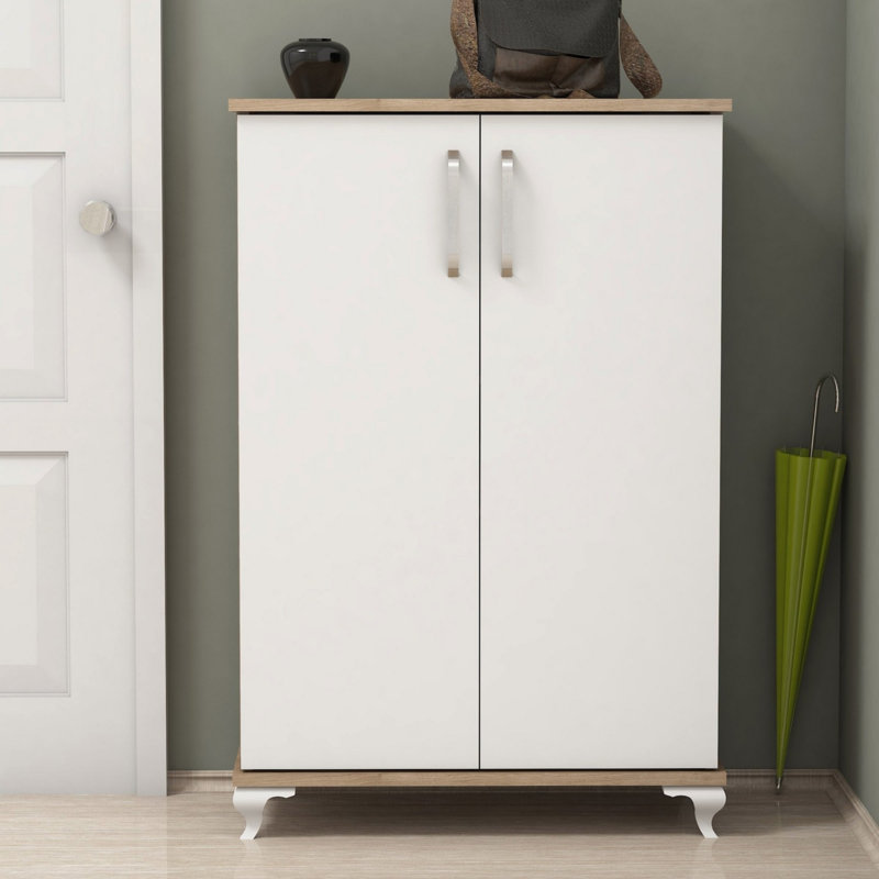 Elegant Shoe Cabinet with Numerous Shelves, Walnut & White Finish, 28.3 x 39.4 x 12.8 inches | 100% Melamine Coated Particle Board, Wall-Mountable | Perfect for Organized Entryway & Modern Homes
