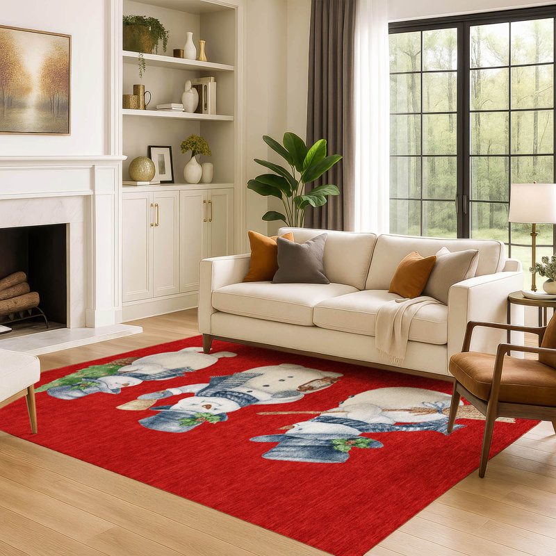Premium Machine Washable Ingrassellino AMF1826 Happy Snowmen Holiday Rug, Rectangle 3' x 5'