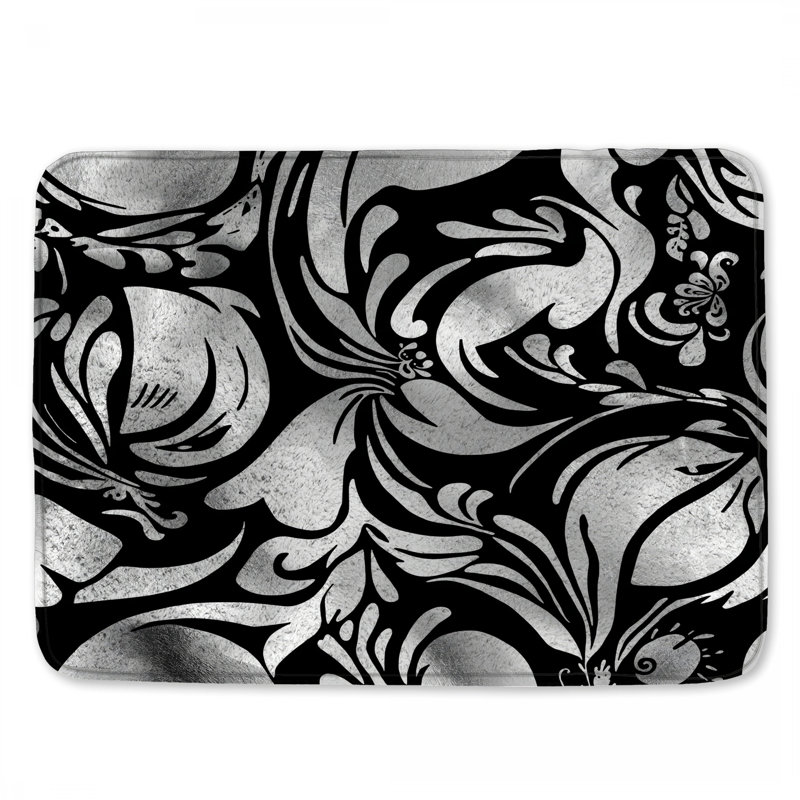 Tapis de bain floral argent noir, L 24 po x L 17 po