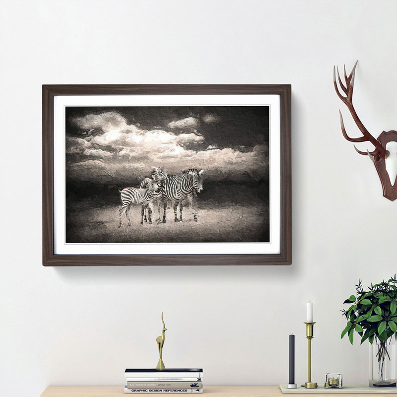 Three Zebras in the Wild - Picture Frame Painting Print, 48cm H x 65cm W x 2cm D, Walnut Framed