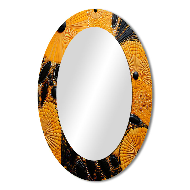 Yellow And Black Native Art Heritage Tapestry - Yellow Oval Wall Mirror Decor, 36" x 24"