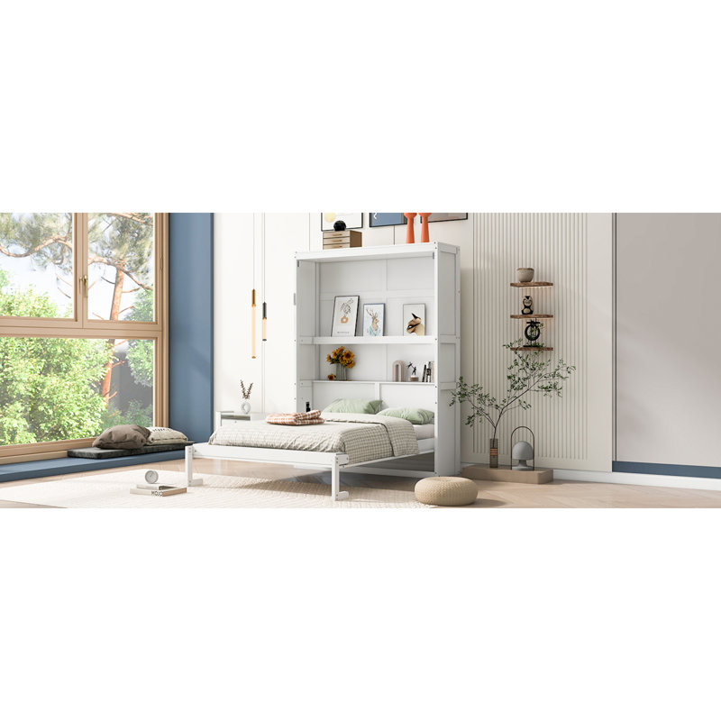 Lit escamotable pleine grandeur peu encombrant avec tablettes en contreplaqué durable et en panneau de fibres à densité moyenne pour les pièces multifonctionnelles