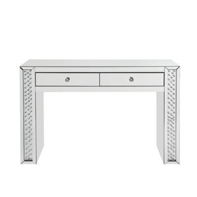Coiffeuse avec miroir, tabouret, piètement traîneau, verre transparent, incrustations de faux cristal, tiroirs argentés, plateau et piètement avec 2 tiroirs de 4 mm, construction robuste, longueur 119 cm (47 po).