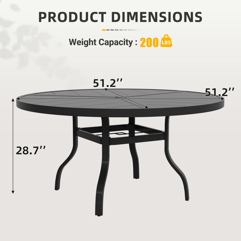 51.2" Round Black Outdoor Dining Table For 6 With Umbrella Hole, 28.7"H x 51.2"L x 51.2"W