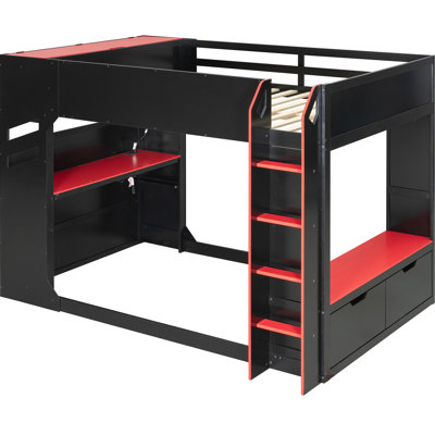 Lit mezzanine double en bois rouge avec bureau réglable, compartiments de rangement, tête de lit intelligente et lumières pour lit de jeu pour adultes, rouge, doubles tiroirs réglables en hauteur, tige d'éclairage suspendue confort