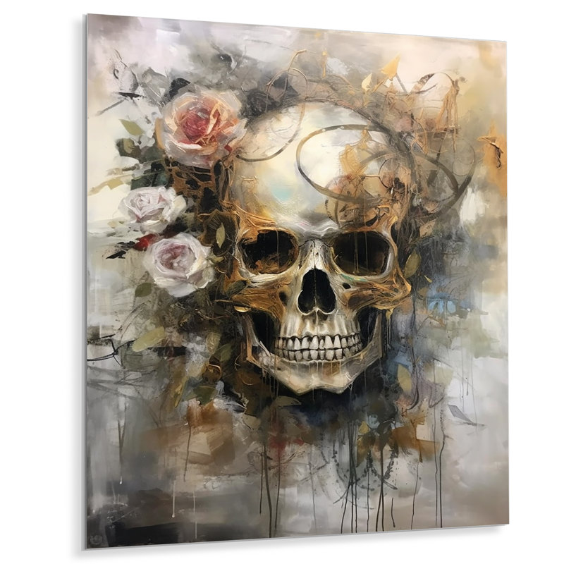 Crâne en fleurs roses - décoration murale en métal crâne floral, H 32 po x l 24 po x P 1 po