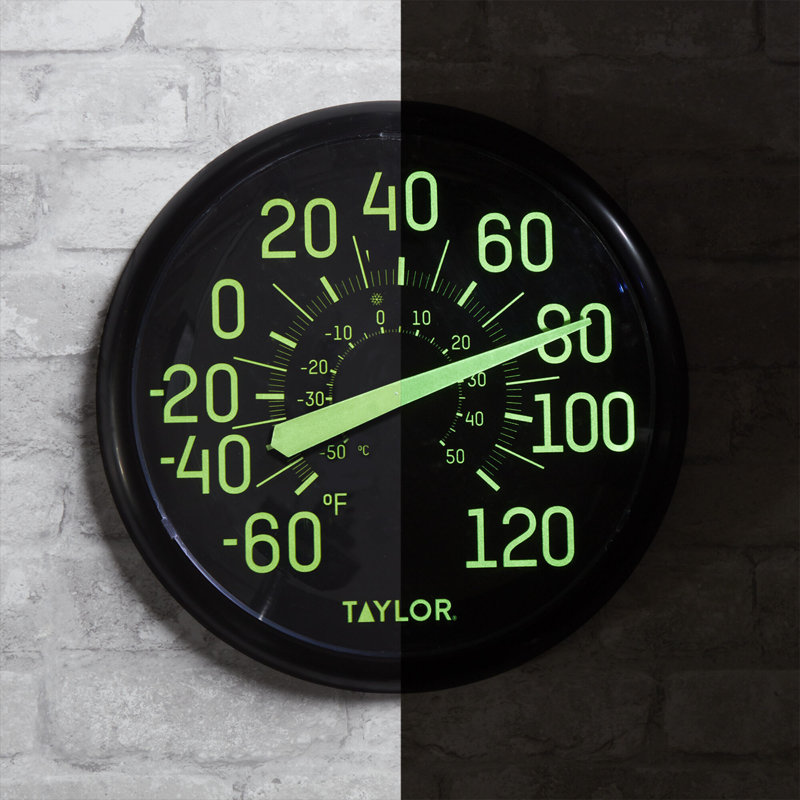 Taylor Glow in the Dark Wall Indoor Thermometer, 13.25 inch, Black