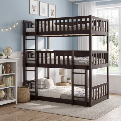 Detachable Triple Twin Size Rubber Wood Triple Bunk Bed with Ladders & Full Safety Guardrails Convertible 3 Bed Frame