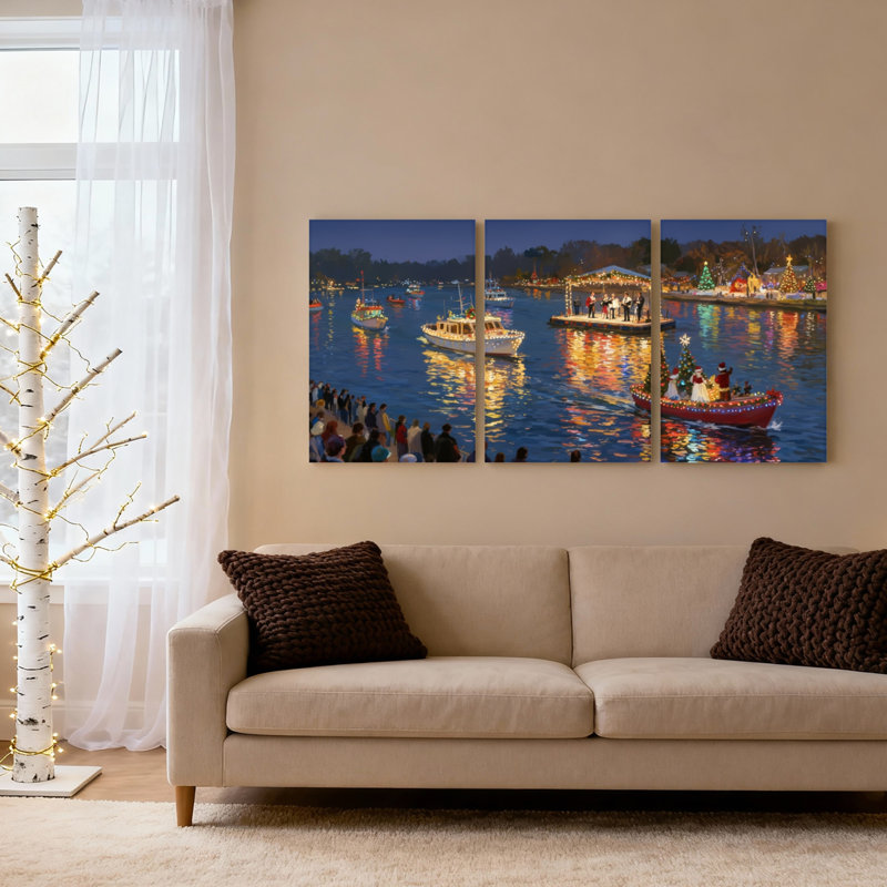 Ensemble de 3 tableaux sur toile représentant un défilé de bateaux de Noël, H 18 po x l 36 po