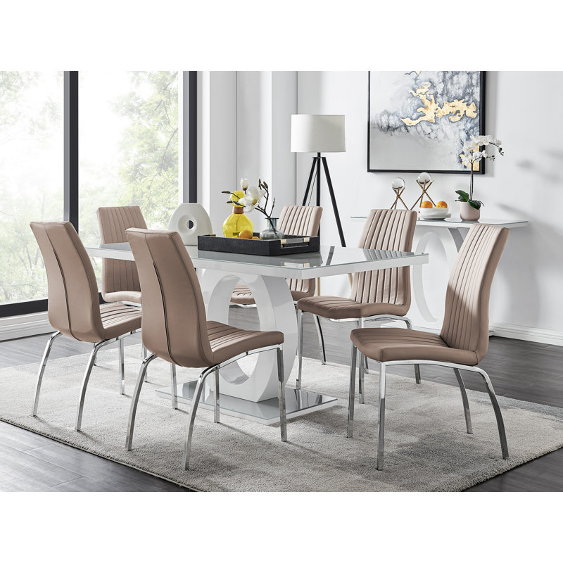 Scottsmoor Modern High Gloss & Glass Dining Table Set - 6 Soft Touch Faux Leather Dining Chairs, Cappuccino