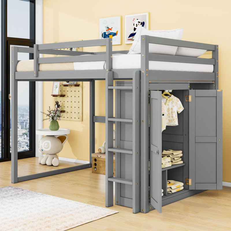 Lit mezzanine double avec garde-robe intégrée, éclairage à DEL et tablettes, Gris