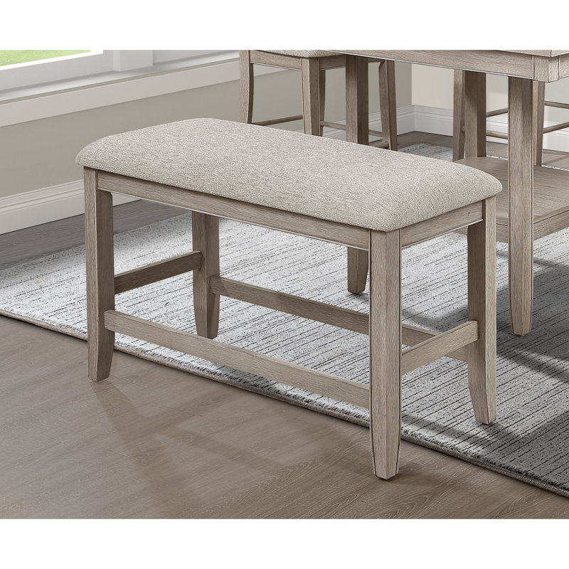 Banc de salle à manger à hauteur de comptoir en gris beige, siège rembourré avec repose-pieds, fabrication en bois massif pour revêtement brun clair / brun et structure solide
