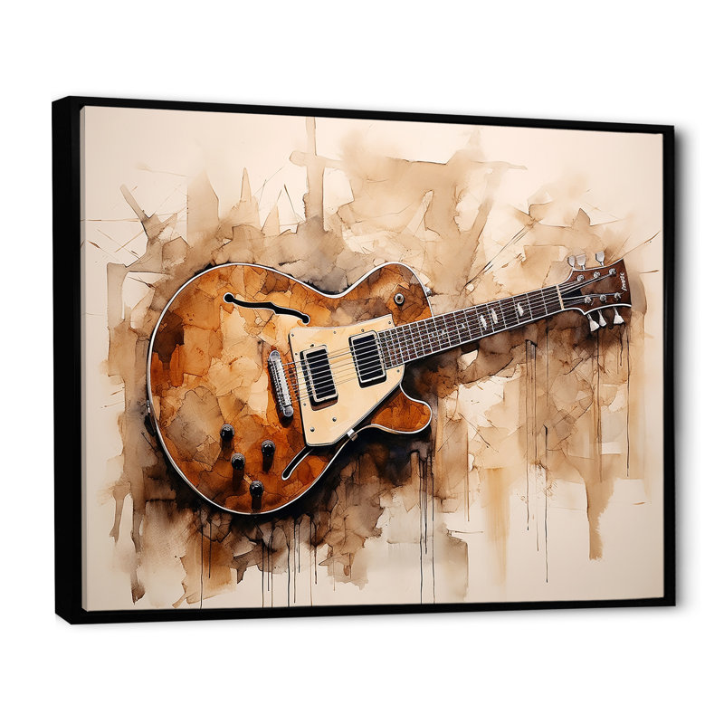 Guitare, simplicité, Earthy Brown III - musique, art mural, Cadre flottant noir, H 16 po x l 32 po x P 1 po