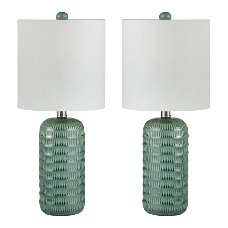 Ensemble de 2 lampes de table en céramique avec abat-jour en lin, Vert, Blanc