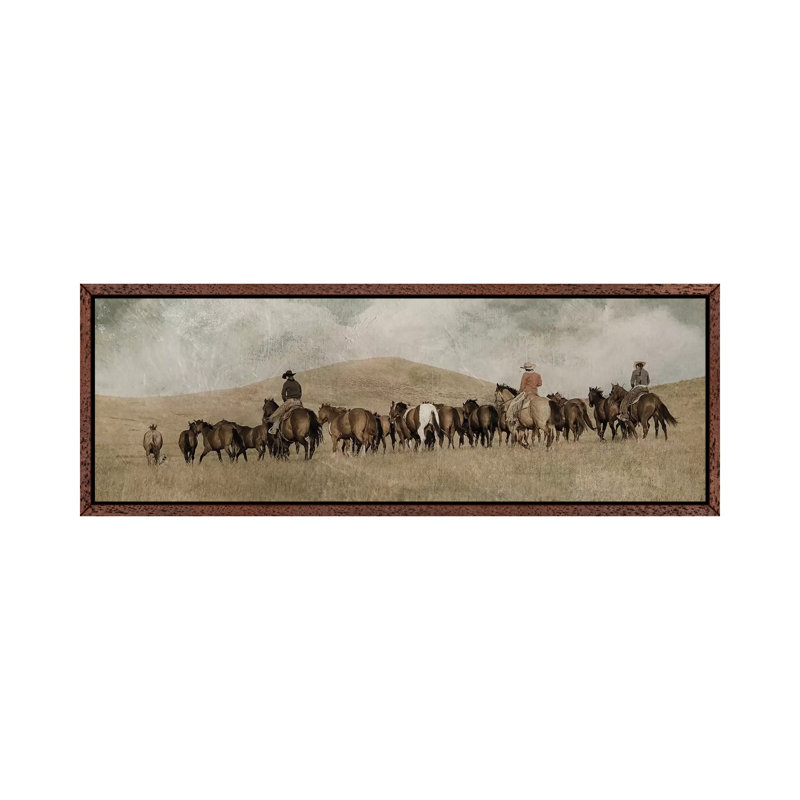 3 Girls Round Up by Rhonda Thompson - Panoramic Painting on Canvas, Classic Brown Wood Framed