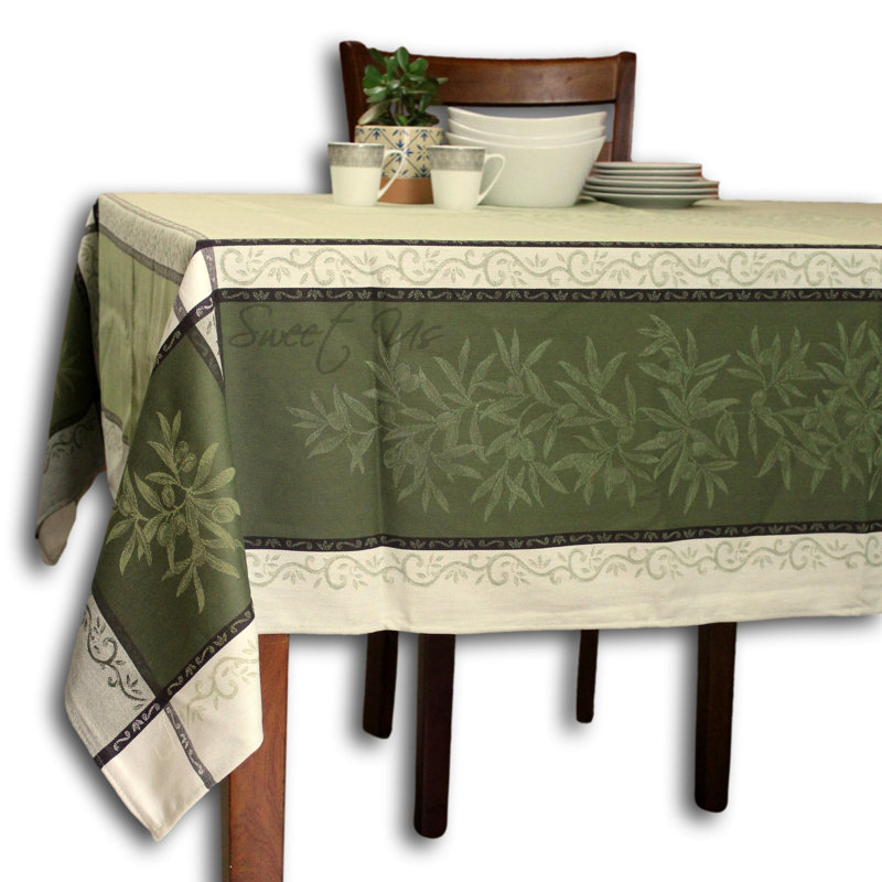 Wipeable Stain Resistant polytetrafluoroethylene Coated Provencal Jacquard Cotton Olive Floral Tablecloth Collection