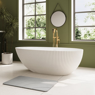 Egg-shell Design Freestanding Bathtub 67" Matte White Resin Stone Soaking Tub  With Vertical Texture