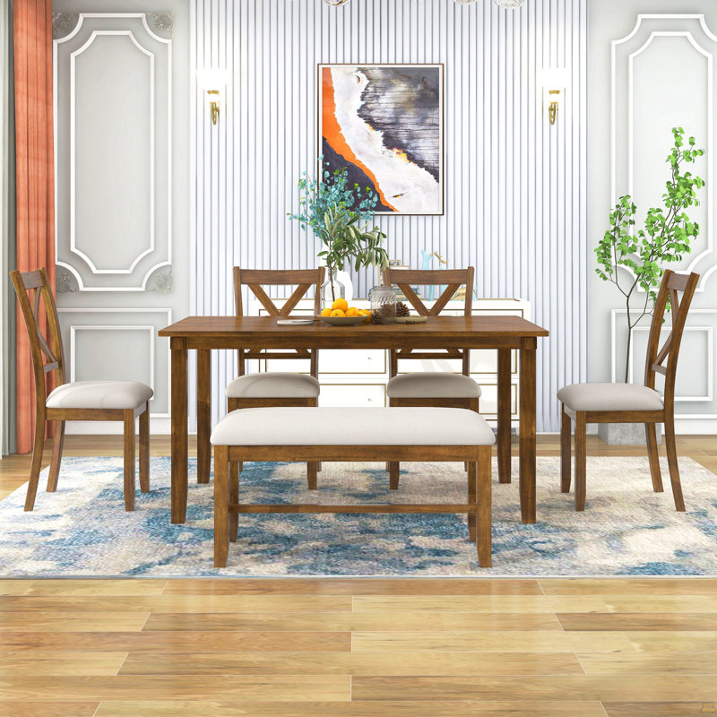 Ensemble de 6 tables de salle à manger en bois, 4 chaises en tissu et banc (cerisier naturel)