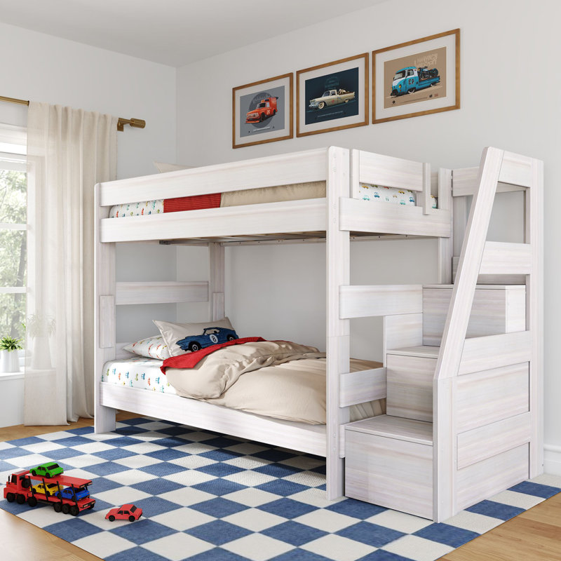 Modern Farmhouse Bunk Bed With Staircase, Twin Over Twin, White Wash