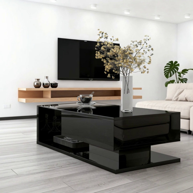 Table basse moderne avec verre trempé, Noir