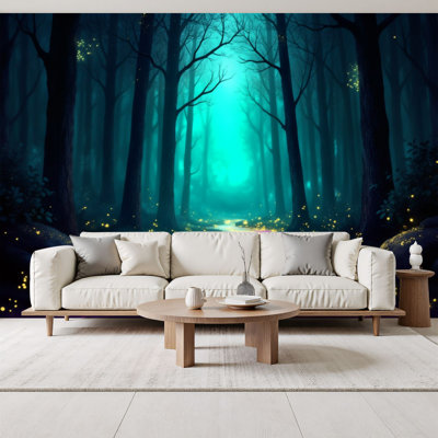 "Enchanted Forest" papier peint adhésif Mystical Forest Glowing Pink River Lights, peintures murales H 69 po x l 96 po, papier peint amovible en PVC, peinture murale auto-adhésive, décoration pour le salon de la chambre à coucher