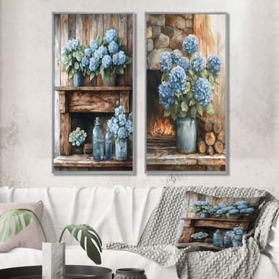 Hortensias près du foyer I - impressions sur toile florales 2 panneaux